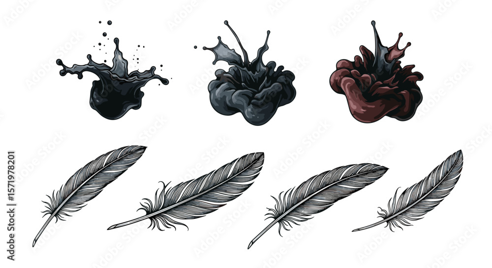 Poster illustration of ink blots in various forms and detailed feather illustrations in a row on white back