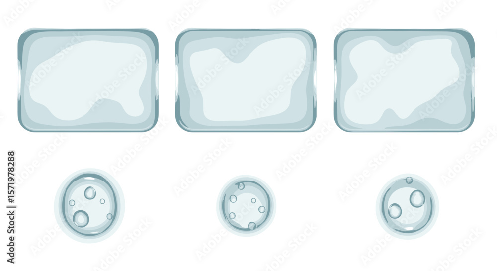 Poster illustration of three ice cubes and three water droplets in a row on a white background space view