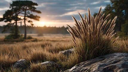 A prairie at golden hour with warm light illuminating tall dry grass. 