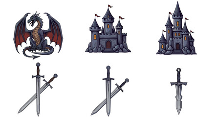 Illustration featuring a dragon, castles, and swords arranged in a symmetrical composition style