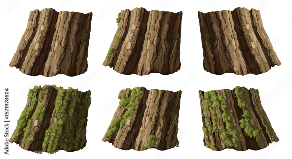 Poster a collection of six tree stump sections with varying degrees of moss coverage isolated on white back