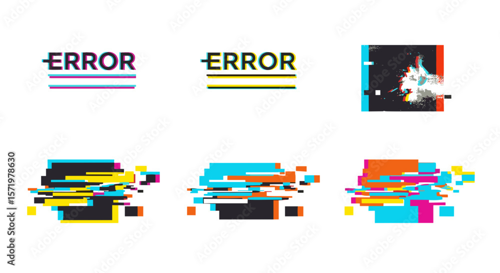 Poster collection of error glitch art with colorful distortions and pixelated effects on a white background