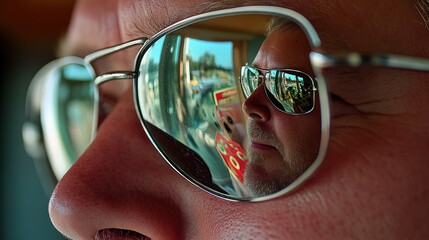 Close-up aviator sunglasses reflecting a man