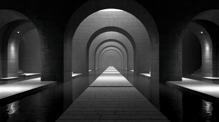 Fototapeta premium Endless stone arches with reflective water channels and diffused light create a symmetrical corridor