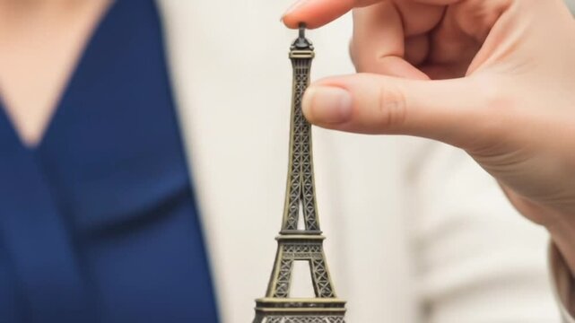 A close-up of a woman's hand holding a miniature Eiffel Tower keychain on a work desk with a laptop in the background. This image represents the concept of traveling, dreams of g,eiffel tower in paris