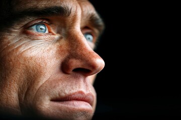 Fototapeta premium Close up profile of a mature man's face with striking blue eyes and weathered skin