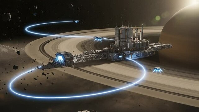 Futuristic spacecraft navigating Saturn's rings with drones - Powered by Adobe
