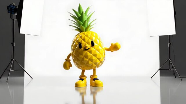 Cheerful Yellow Pineapple Cartoon Character in a Photo Studio
