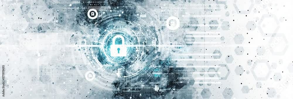 Poster digital background featuring a digital padlock and data technology elements, creating an abstract, t