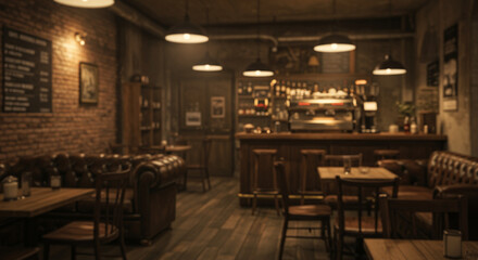 A cozy and inviting bar interior with a vintage industrial design. Exposed pipes, wooden furniture, warm lighting, and a stocked counter evoke a nostalgic and relaxed atmosphere. 