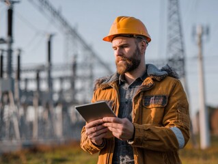 Construction Worker Using Tablet at Power Station during Sunset