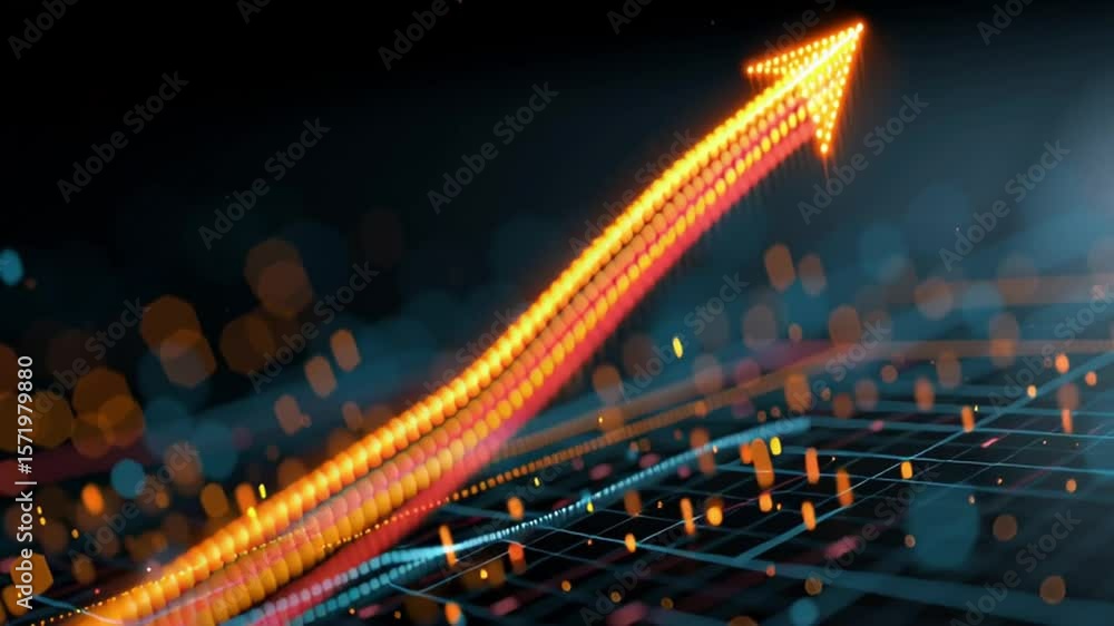 Poster glowing upward arrow with particle trail on dark grid background