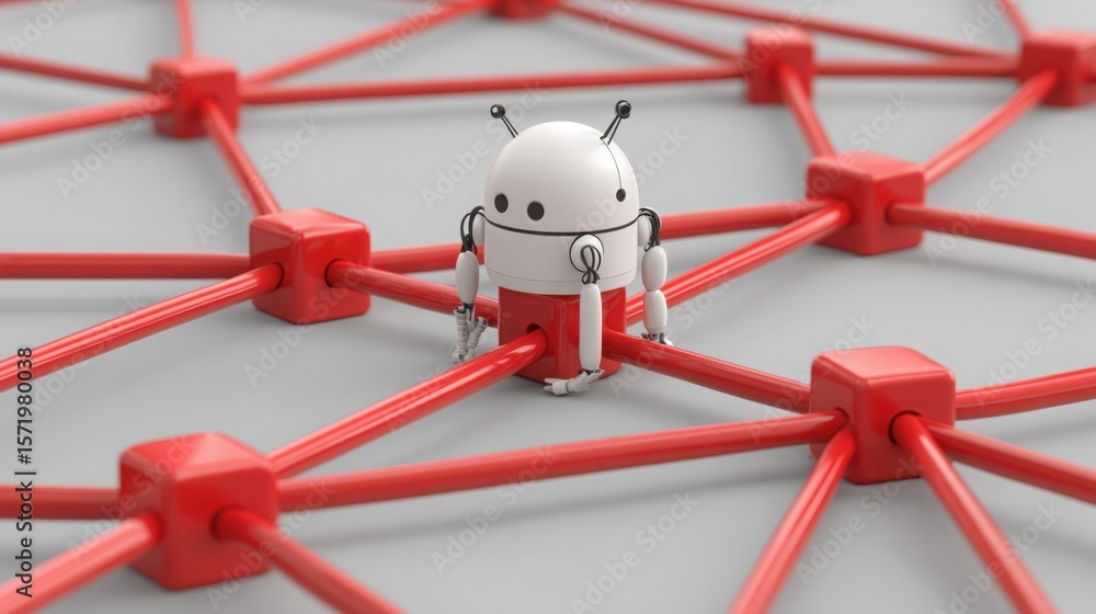 Poster robotic system positioned before network of red arrows illustrating business links and connectivity 