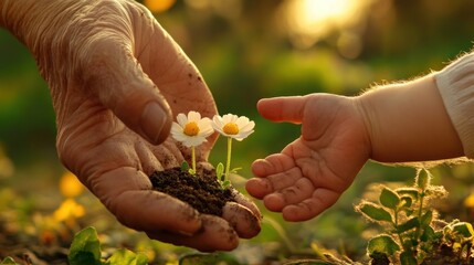 Elderly hand and baby hand near small plants