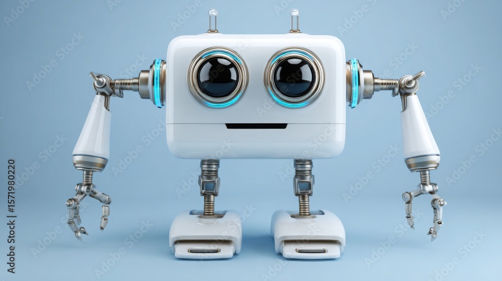 Poster robot planning business strategy with visual elements representing future innovations and intelligen
