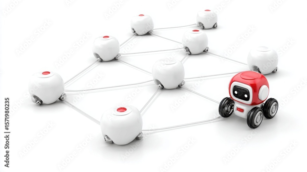 Poster red and white robot on white background symbolizing modern technology and business solutions in inno