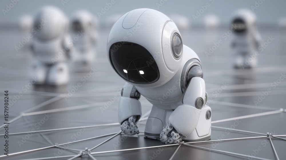 Poster robot sitting on floor representing innovation and strategy development in the context of artificial
