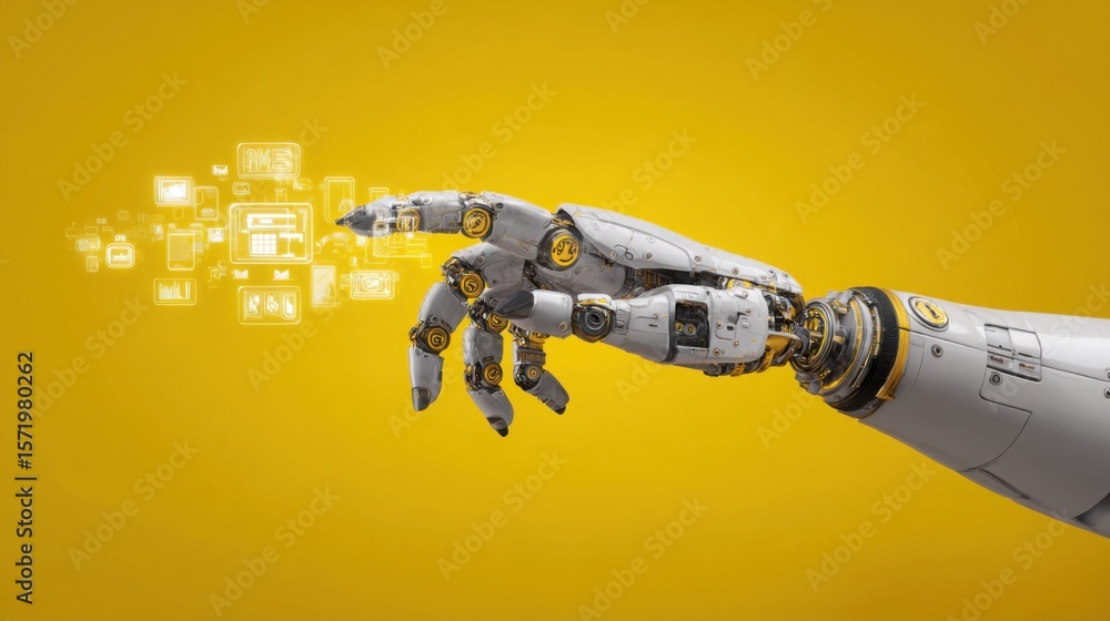 Poster robot hand distributing resources with yellow background representing ai capital allocation and mana