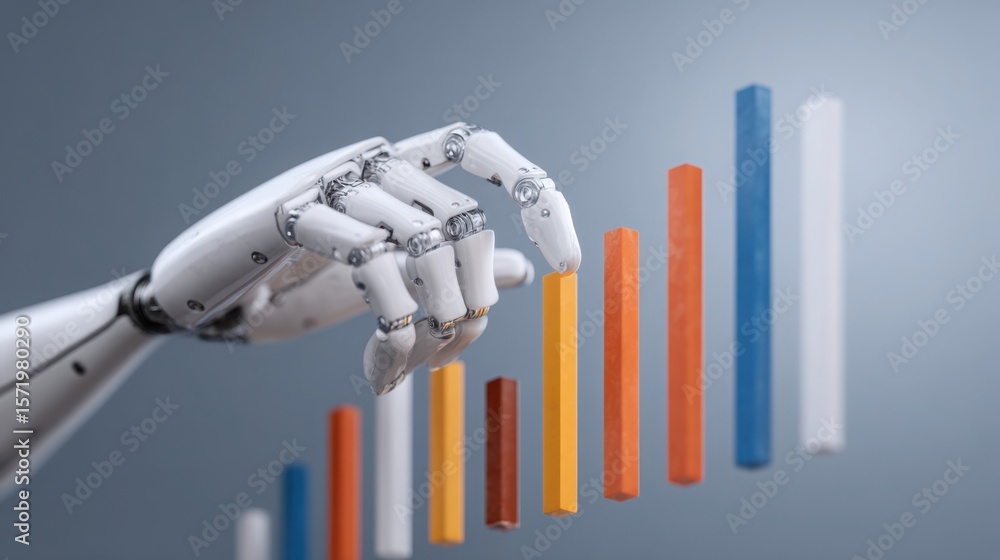 Poster robot hand interacting with bar graph to showcase ai-driven capital allocation and business strategy