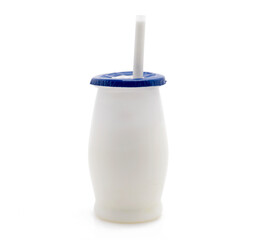 Plain Yogurt in White Container with Blue Lid and Straw on White Isolated Background &ndash; Fresh Dairy Product