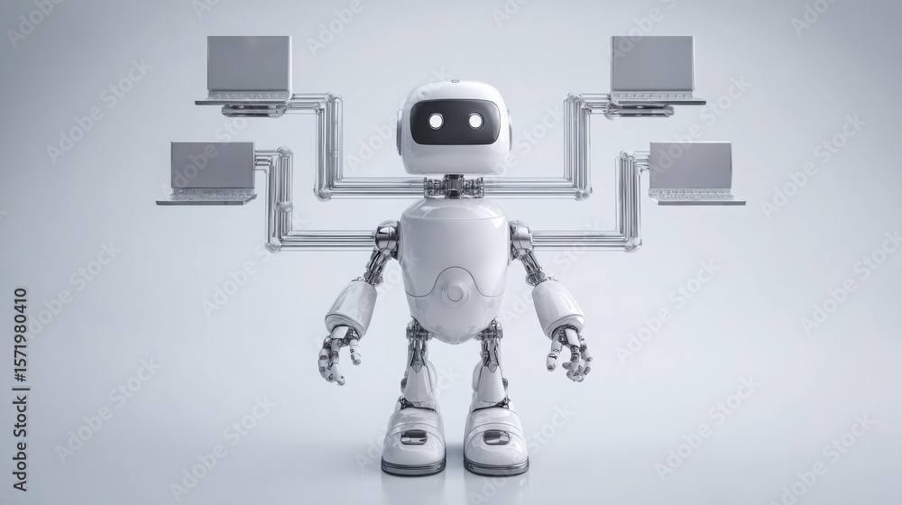 Poster robot working on a laptop to coordinate various tasks effectively in a modern and innovative technol