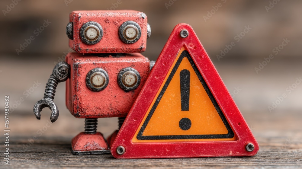Poster robot standing next to a warning sign indicating the detection of early crises in a playful and enga