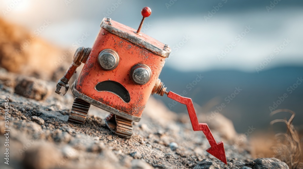 Poster robot positioned on a rocky hill symbolizing the monitoring of crises in a challenging and engaging 