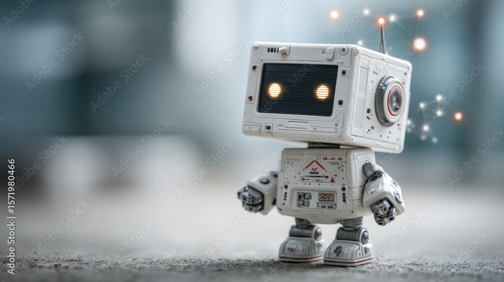 Poster robot equipped with a camera merging customer data to streamline crm processes in a modern and techn