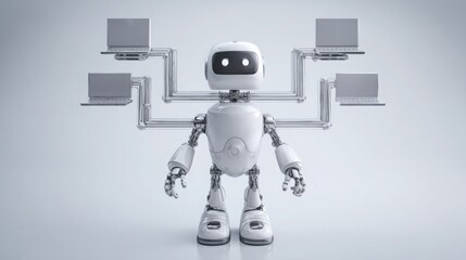 Robot working on a laptop to coordinate various tasks effectively in a modern and innovative technological environment