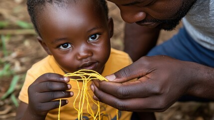 Child and adult playing with yellow string