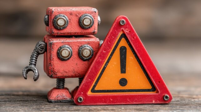 Robot standing next to a warning sign indicating the detection of early crises in a playful and engaging technological setting