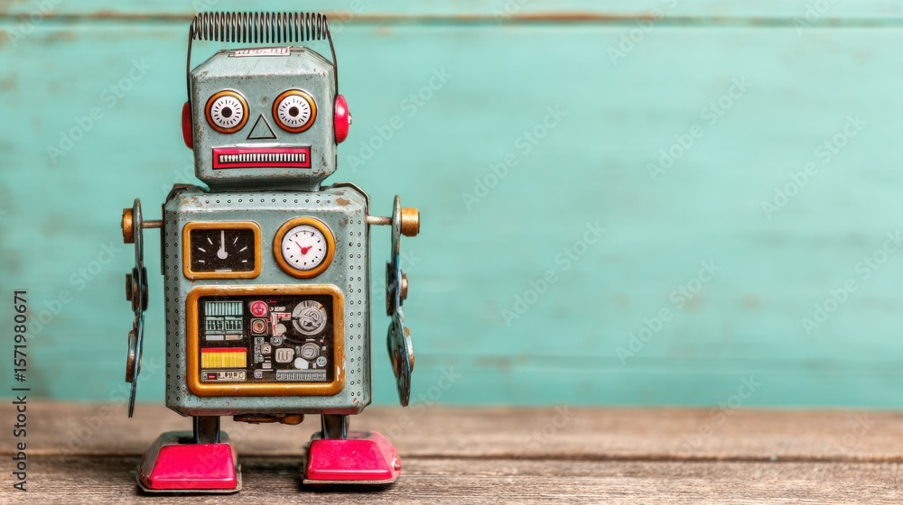 Poster colorful robot toy representing a playful interpretation of ai factor exposure bot concept for portf