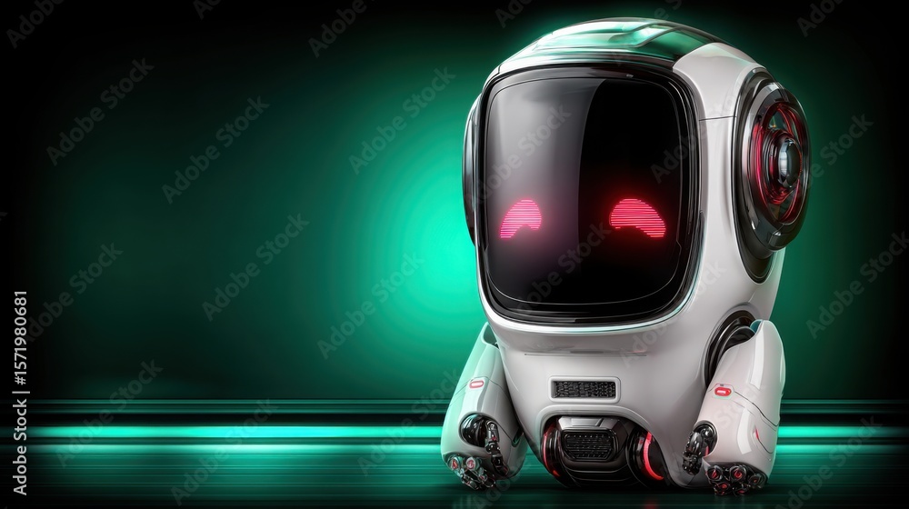 Poster robot with a red light on its face symbolizing the central hub of ai finance network for advanced da