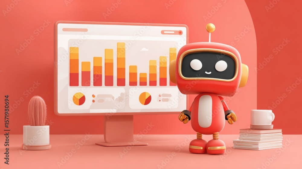 Poster robot standing in front of computer displaying ai revenue heatmap icon concept for business analysis