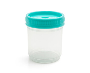 Two Disposable Plastic Sample Cups for Medical Specimen Collection Isolated on White Background