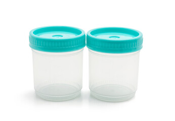 Two Disposable Plastic Sample Cups for Medical Specimen Collection Isolated on White Background