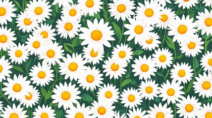 Seamless pattern of blooming white daisy flowers with yellow centers on a dark green background. Ideal for spring designs, fabric prints, packaging, and wallpapers.