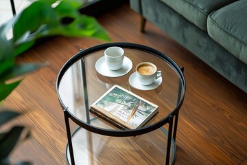 Three-tier round glass side table with black metal frame in industrial style on brown wooden floor, close-up with coffee cup, book, and plant