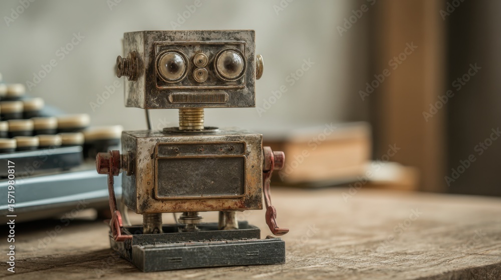 Poster robot sitting on a table as part of an ai startup pitch assistant concept with collaborative element
