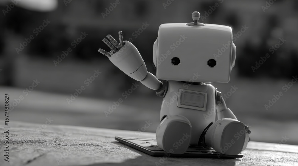 Poster robot sitting on a ledge as a representation of an ai startup pitch assistant concept for innovative