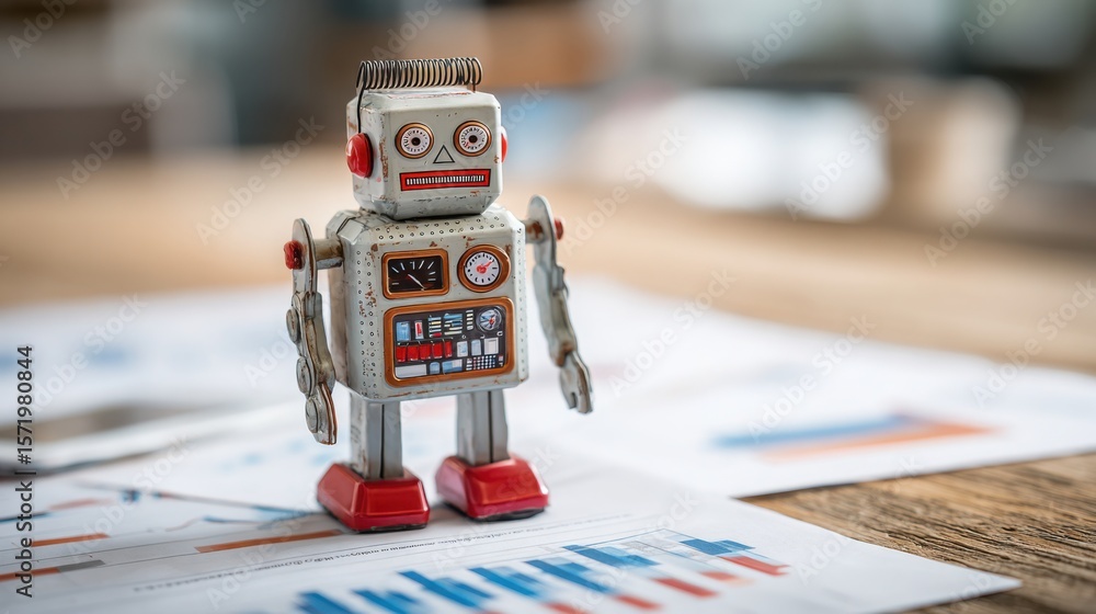 Aufkleber robot toy on a table depicting an ai strategic cost bot concept for effective cost management techni
