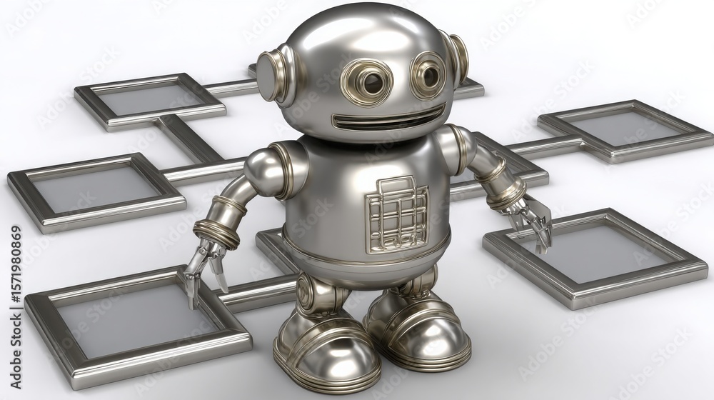 Poster robot standing before a grid of squares symbolizing strategic decision-making and advanced ai visual