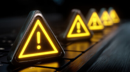 Row of glowing yellow warning signs with exclamation marks on dark keyboard, symbolizing caution and alert