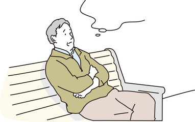 ベンチで考え事をするシニア男性のイラスト素材
