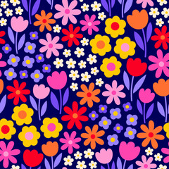 Colorful cute hand drawn flower seamless pattern design for spring season background.