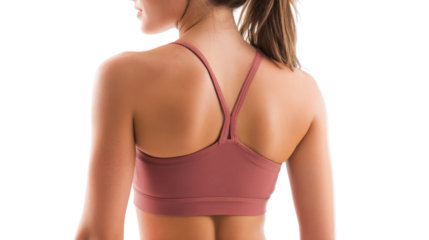 Woman wears pink sports bra that is isolated on a transparent background.

