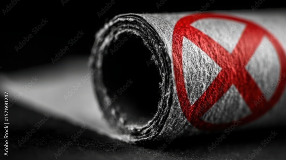 Poster roll of paper featuring an x representing business termination document signifying closure and final
