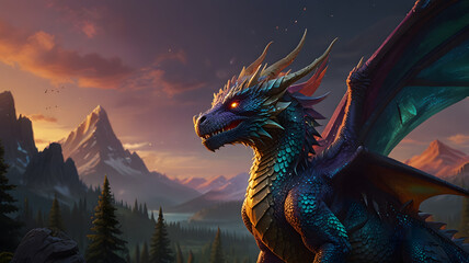 Regal Iridescent Fantasy Dragon with Glowing Wings – Mystical Creature Illustration