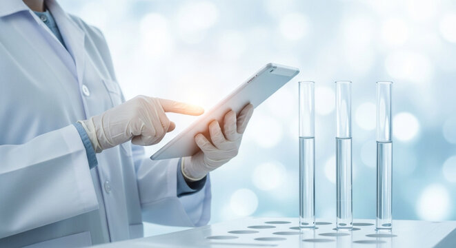 Test tubes in lab, science background for medical or chemical research.