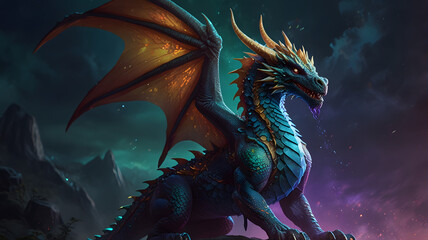 Regal Iridescent Fantasy Dragon with Glowing Wings – Mystical Creature Illustration